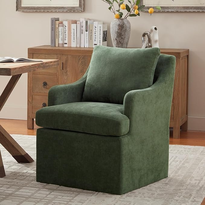 VKNOW Upholstered Dining Chairs Set of 2, Modern Kitchen Chairs Dining Room Chairs with 4 Casters, Linen Armchair for Bedroom Reading Room Living Room, Green
