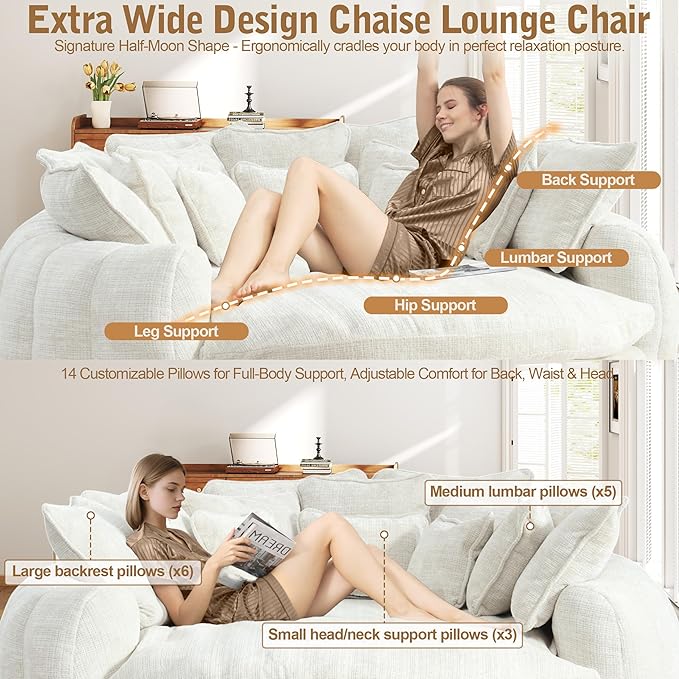 82'' Oversized Upholstered Sofa Bed, Round Chaise Lounge Chair Indoor, Modern Chenille Boneless Couch, No Assembly Required, Plush Sleeper Chair with 14 Pillows for Living Room, Beige