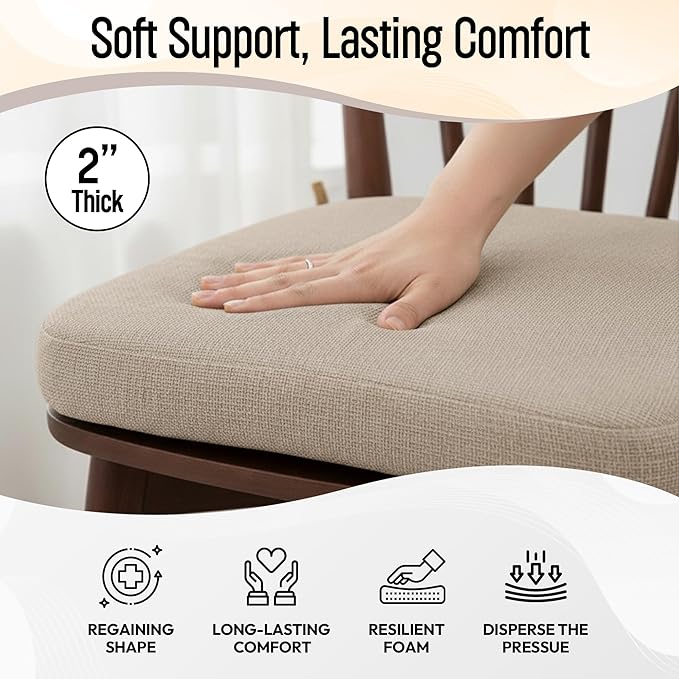 D-Shaped Indoor Chair Cushions 17" x 16" for Kitchen & Dining Chairs – 2'' Thick Seat Pads with Ties & Non-Slip Backing, High-Density Foam, Machine-Washable Covers, Set of 2 with Chair Leg Pads, Beige