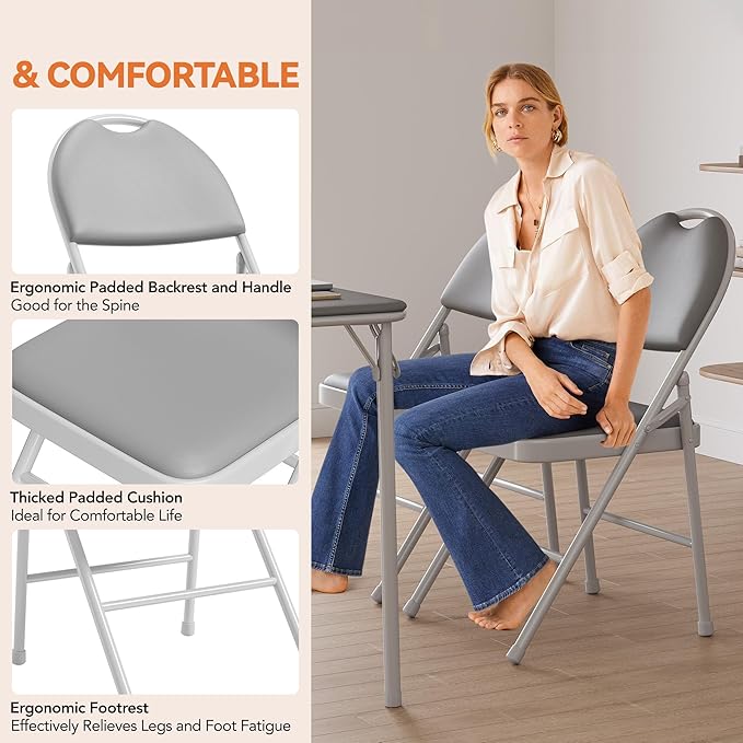 GAOMON 4 Pack Folding Card Chairs, Thickened Padded PU Cushion, Metal Legs and Non-Slip Feet Pads, Portable Stackable Commercial Seat for Events, Office, Wedding, Party, Gray