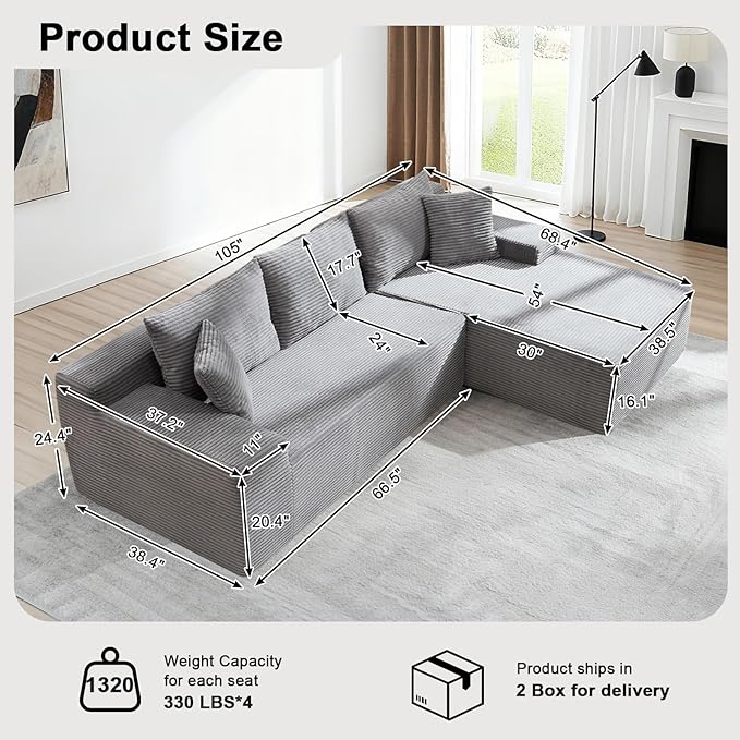 105" Cloud Modular Sectional Couch with L-Shape Chaise, Upholstered Corduroy Couches for Living Room, No Assembly Required Deep Seat Boneless Sofa
