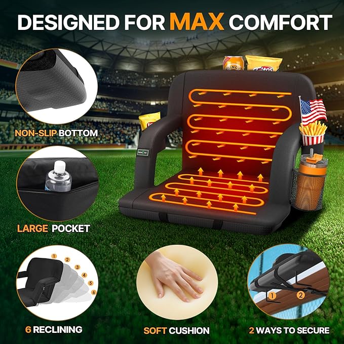 HOPERAN 23" 2pcs Dual-Sided Heated Stadium Seats for Bleachers with Back Support, 3 Levels Heating Stadium Seating for Bleachers Seat with Backrest, 5 Pockets Portable Stadium Chair for Outdoor