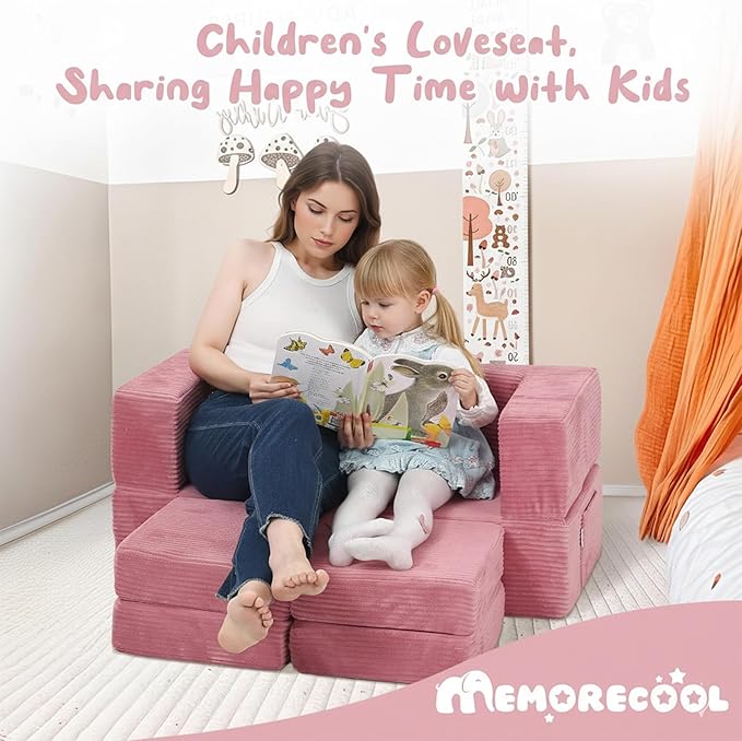 MeMoreCool Modular Kids Couch, Corduroy Play Toddler Couch for Bedroom Playroom Furniture, Convertible Foam Kids Sofa Bed, Fold Out Baby Sofa for Girl Boy, Pink