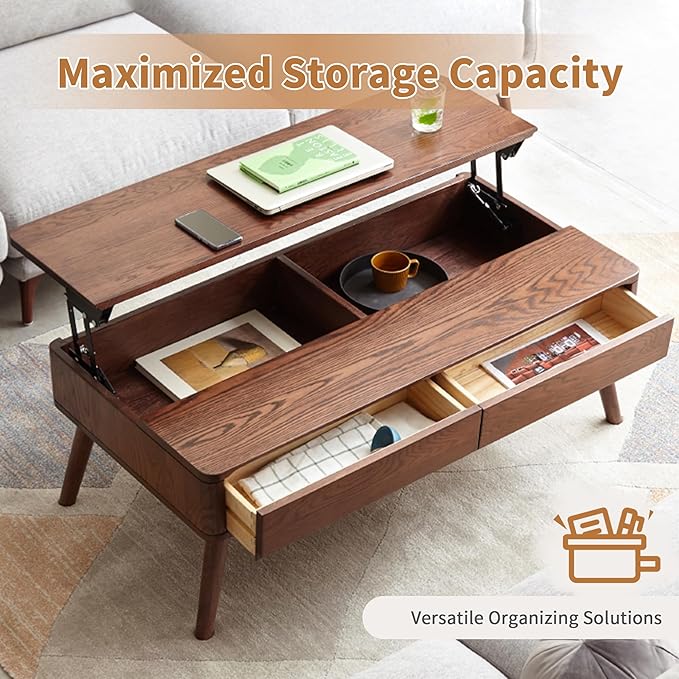 QKFF Wood Lift Top Coffee Table, 100% Solid Oak Wood Small Rising Dining Center Tables with Storage Shelf and Hidden Compartment for Living Room 40D x 22W x 26H