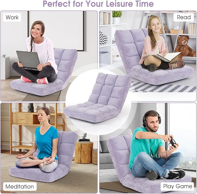 S AFSTAR Cushioned Floor Chair, 14-Position Adjustable Padded Lazy Recliner with Comfortable Back Support and Skin-Friendly Cover, Great for Reading, Playing Game, Meditating (Light Purple)