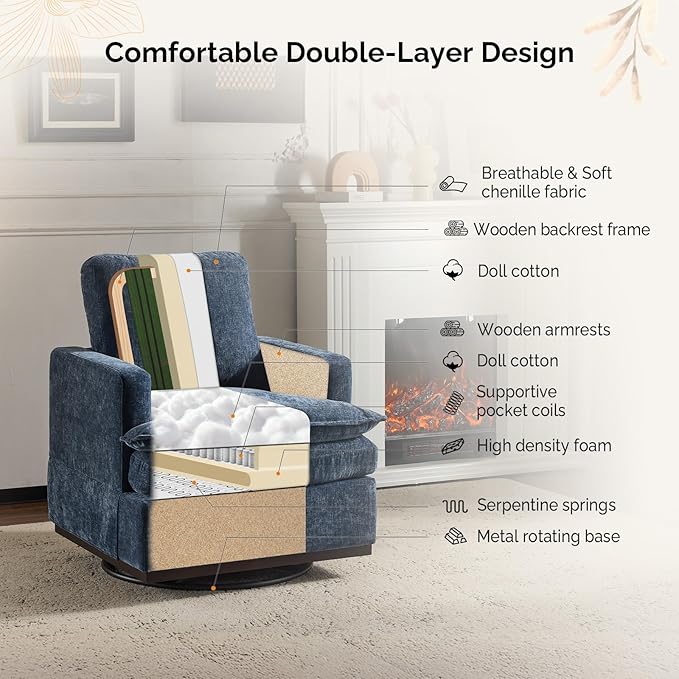 VINGLI 360° Swivel Mid-Century Modern Accent Armchair with Double-Layer Seat Cushions, Comfy Single Square Sofa, Upholstered Club Chair for Living Room,Bedroom, Reading Room, Chenille Blue