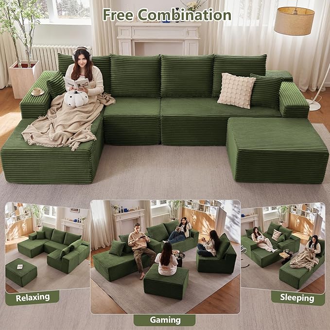Lakifun 135" L-Shape Sofa with Ottoman, Modern Modular Sectional Comfy U-Shape Cloud Couch, Deep Seat, Upholstered Corduroy Sleeper Chaise Longue for Living Room Bedroom, No Assembly Required, Green
