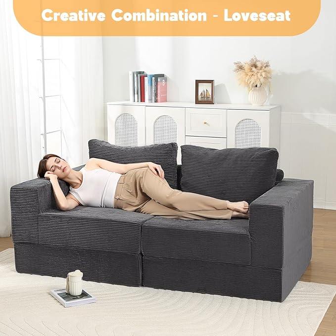 MeMoreCool Folding Sofa Bed L‑Shaped Convertible Sleeper Sofa with Armrest Dark Grey – Fold‑Out Chair Bed for Living Room & Bedroom, Dual‑Section Configurable Foam Seating, Durable Lounge