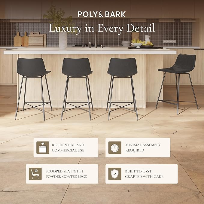 POLY & BARK Paxton Leather Counter Stools 24 Inches - Set of 2 - Counter Height Bar Stools with Back - Modern Barstools for Kitchen Island or Counters - Faux Leather & Matte Black Steel Base - Gray