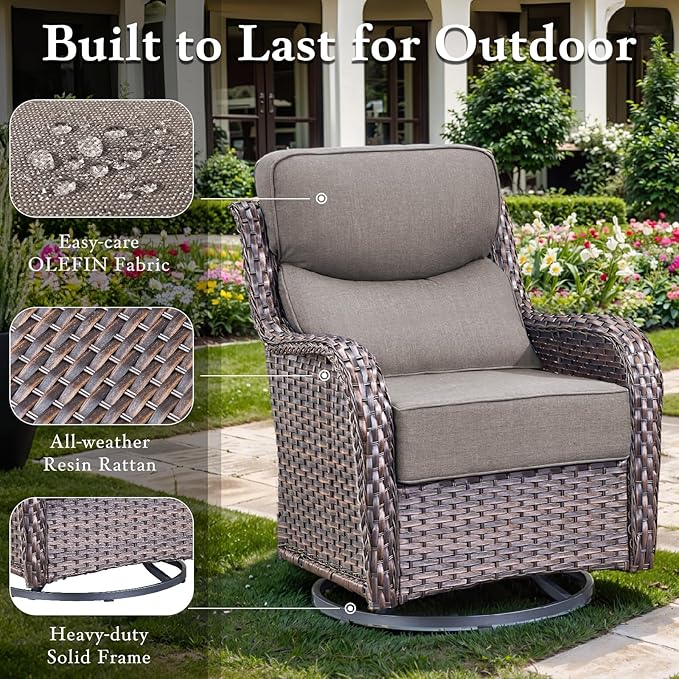 moosprr Luxury High Back Outdoor Furniture with 6-inch Extra Thick Cushions, Patio Furniture Set with Swivel Chairs, 10 PCS Wicker Conversation Set for Yard, Deck, Poolside, Brown/Grey