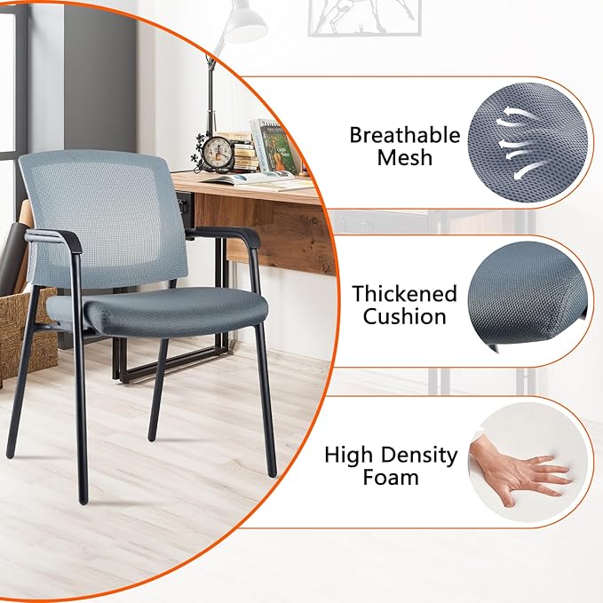 CLATINA Office Reception Guest Chair Mesh Back Stacking with Ergonomic Lumbar Support and Thickened Seat Cushion for Waiting Conference Room Gray 2 Pack