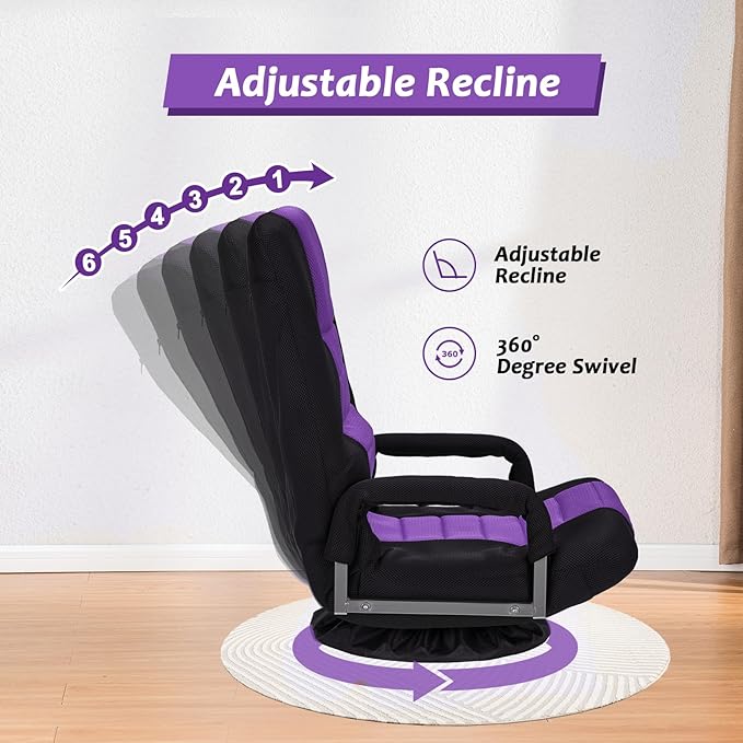 360 Rotating Swivel Gaming Chair w/6 Adjustable Positions Backrest Foldable Floor Chairs Suitable for Reading, Relaxing, Mediation,Purple