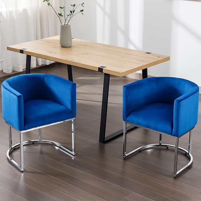 VESCASA Velvet Upholstered Dining Chair with Barrel Back, Mid Century Modern Padded Restaurant Chair with Chrome Metal Frame for Kitchen, Dining Room, 1 Piece, Blue