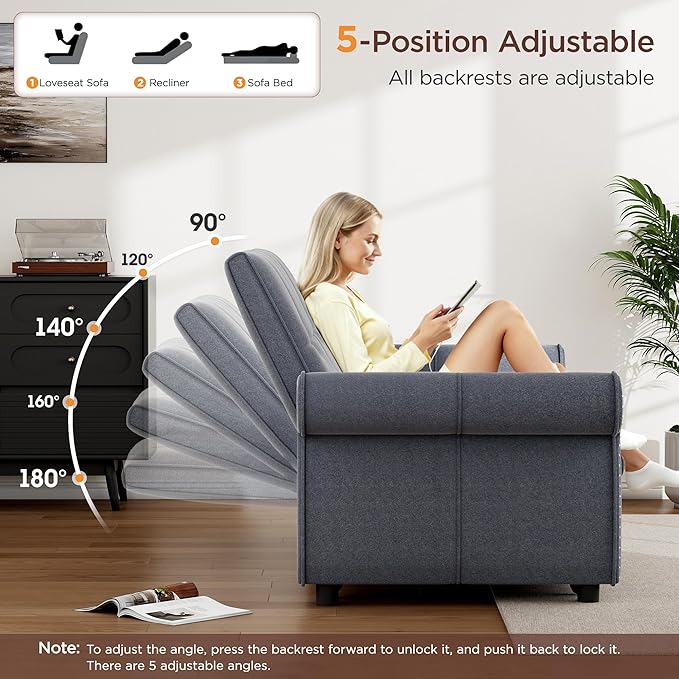 3 in 1 Sofa Bed, 61 Inch Convertible Pull out Couch with Four Pillows, Loveseat Sleeper Sofa with Adjustable Backrest, Sofa Couches for Living Room, Bedroom, Apartment, Chenille Fabric, Grey