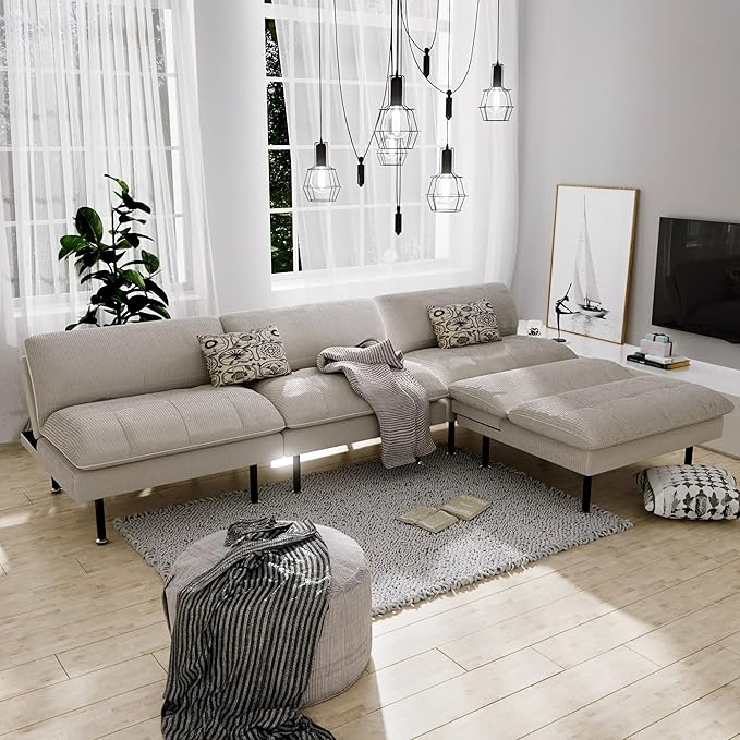 2 Sets 70" Futon Sofa Bed, 4 1 Multi-Function Couch Sleeper with Adjustable Backrest, Modern Convertible Futon, Recliner Small Loveseat for Living Room, Beige