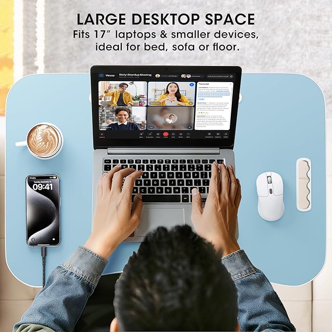 Folding Lap Desk, 23.6 Inch Wood Laptop Bed Desk with Cup Holder, Portable Bed Table for Working Writing Reading & Eating for Bed, Sofa, Couch, Floor - Blue