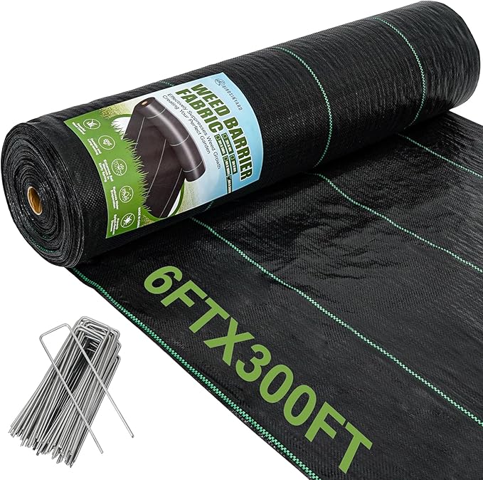 BIRDSINYARD 6ftx300ft Weed Barrier Landscape Fabric - 3.2oz Premium Heavy Duty Weed Block Ground Cover Mat with 90 U-Shaped Securing Pegs | Woven Geotextile Fabric for Weed Control Garden Cloth