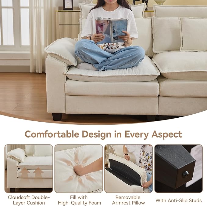 46''Cloud Oversized Sofa Chair with Detachable Headrest, Upholstered Comfy Arm Accent Chair with Ottoman,Modern Chenille Reading Lounge Armchair for Living Room,Bedroom, Beige