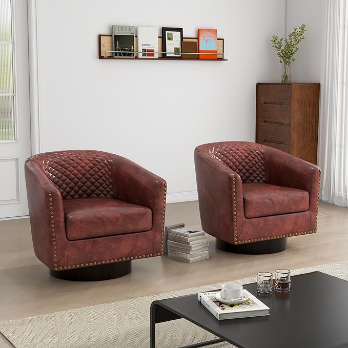 DREAMSIDEA Swivel Barrel Accent Chair, Comfy Modern Upholstered Round Faux Leather Arm Chair for Living Room, Bedroom（Red Brown, Set of 2