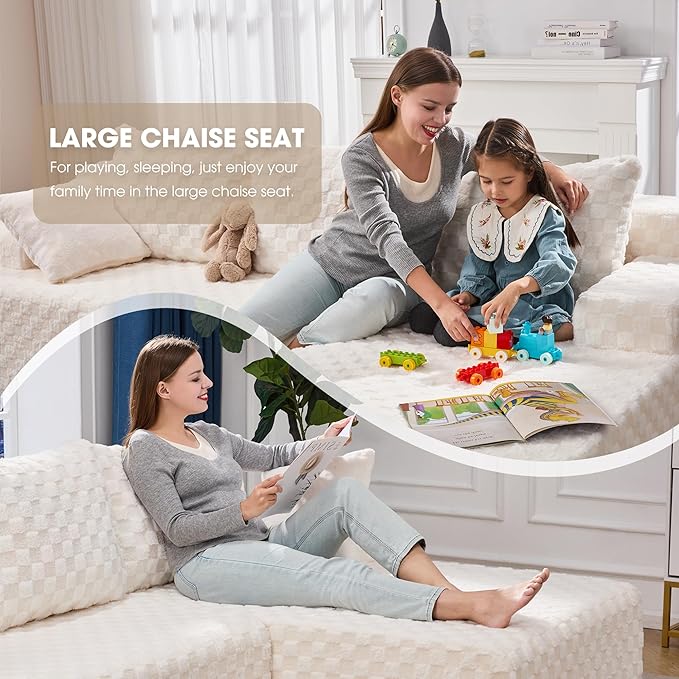 Modular Sectional Sofa Couches L-Shape Couch 3 Seat Modular Sofa Memory Foam Sectional Couches for Living Room, Cloud Couch with Oversized Chaise (White Check, 96" Right Facing Chaise)