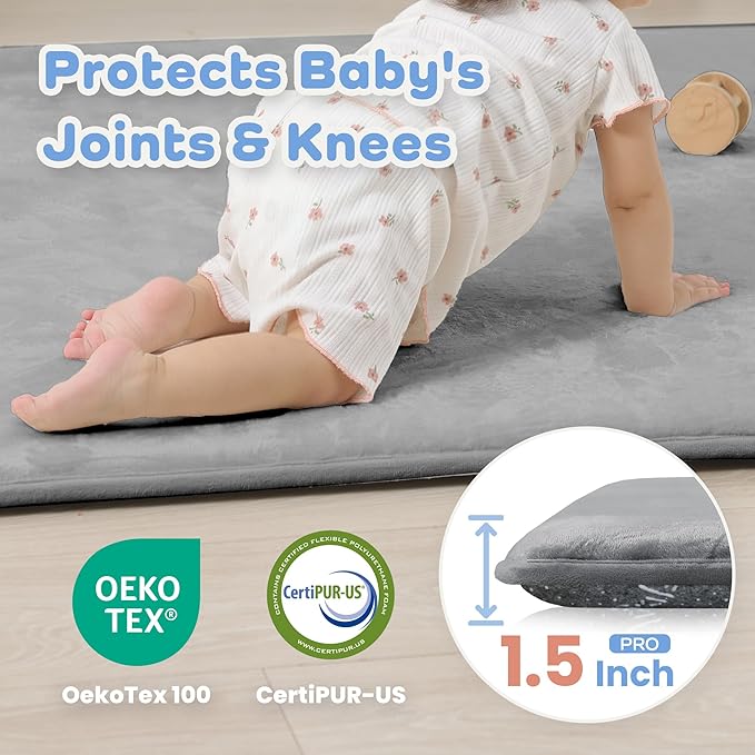 PaPaMat 1.5" Thick Baby Play Mat for Floor, 59x79 Playpen Mat, Pro Soft Flannel Foam Mats Toddler Infant Kids Crawling for Nursery Rug Playroom Living Room Waterproof Easy Care Non-Slip (Dark Grey)