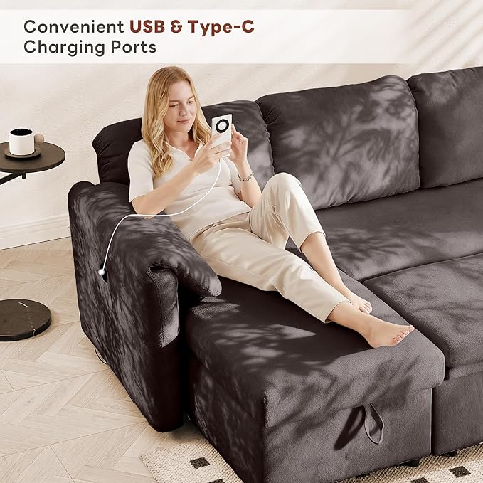 Tbfit 109'' Pull Out Sofa, Sleeper Sofa Bed with USB & 2 Storage Chaises, Comfy Oersized U Shaped Convertible Sectional Sleeper Couches for Living Room, Apartment, Office, Dark Gray