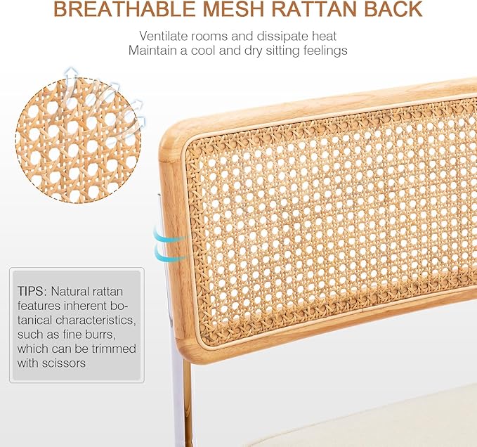 Zesthouse Natural Rattan Dining Chairs Set of 4, Mid Century Modern Dining Chairs with Solid Wood Back & Chrome Base, for Kitchen Living Room, Breuer Design Inspired, Upholstered Linen Fabric, White