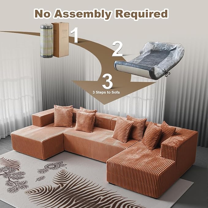 130'' U Shaped Couched for Living Room, Cloud Modular Sectional Couch with 2 Chaise Lounge, Modern Minimalist Upholstered Sofa Sleeper Deep Seat Corner Couch, No Assembly Required Orange Brown