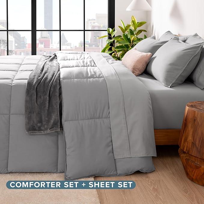 Bare Home Bed-in-A-Bag Comforter & Sheet Set - Twin XL - Goose Down Alternative - Ultra-Soft 1800 Premium Bed Set (Twin XL, Light Grey/Light Grey)