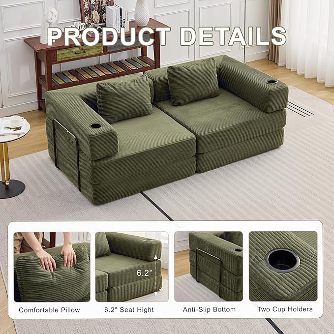 78" Loveseat Sleeper Sofa, 4 in 1 Convertible Floor Sofa Bed, Boneless Cloud Couch with Cup Holder, Fold Out Floor Couch for Living Room Bedroom Lounge, Corduroy, Olive