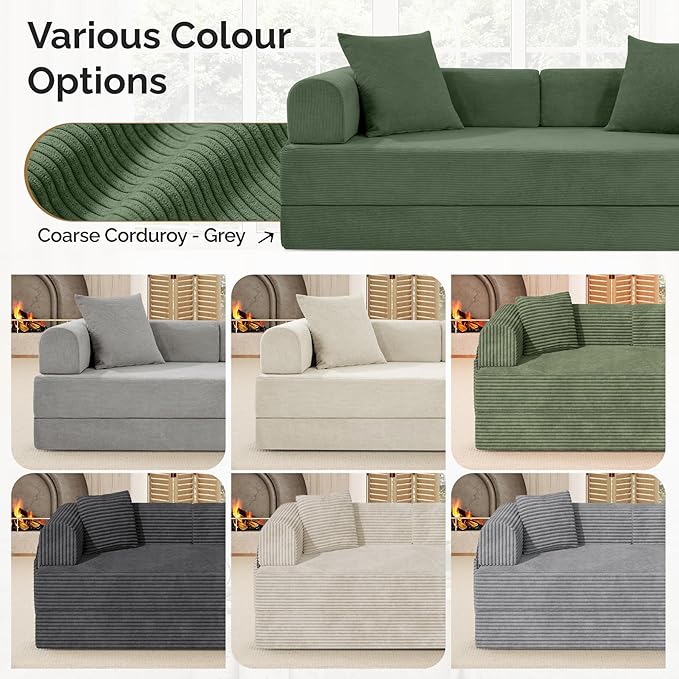 Convertible Corduroy Sleeper Sofa Bed with Cylindrical Pillows,Convertible Mattress Sofa with Fixed Shape Frame, Living Room Bedroom Lounge Studio Use Floor Sofa Lounge,Green