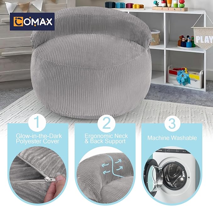 COMAX Bean Bag Chair for Kids, Convertible Toddler Beanbag Bed Corduroy, Children Bean Chair Stuffed to Floor Mattress with Filler, Light Grey
