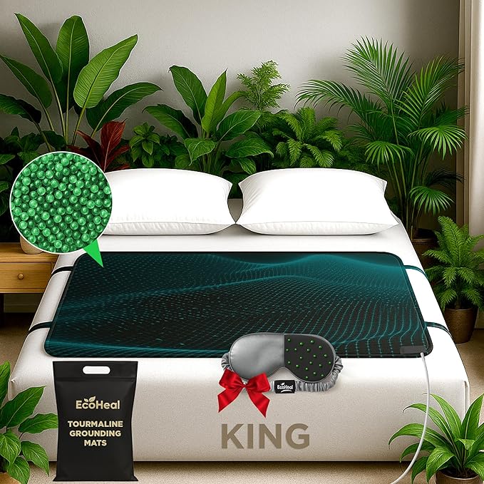 EcoHeal Luxury Tourmaline Grounding Mat King 75” x 27” for Bed & Desk – Conductive PU Leather Surface, SGS Certified, Includes Silver Sleep Mask & 15ft Cord