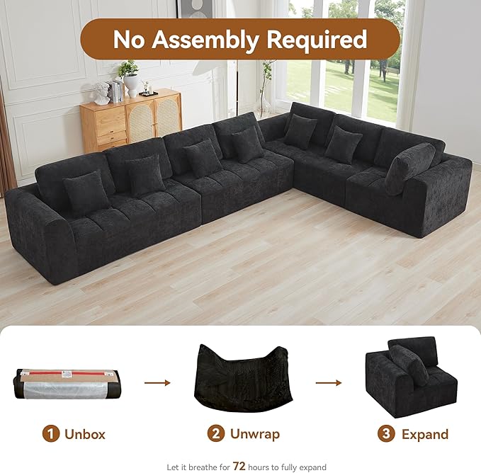 170''Modular Sectional Couches for Living Room, Cloud Boneless Compressed Sectional Sofa, Oversized L Shaped 7 Seater Upholstered Memory Foam Sofa, No Assembly, Chenille Black