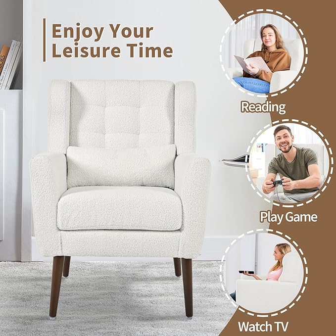 CHSICFOR Modern Accent Chair, Upholstered Arm Chair with Waist Pillow, Single Sofa Chair for Living Room Bedroom Small Spaces (White)