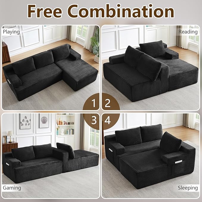 96.1" Modular Sectional Sofa Couches L-Shape Couch 3 Seat Modular Sofa Corduroy Memory Foam Sectional Boneless Couches for Living Room, Cloud Couch with Oversized Chaise(Black, Right Facing)