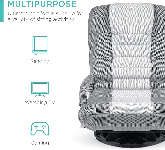 Best Choice Products Swivel Gaming Chair 360 Degree Multipurpose Floor Chair Rocker for TV, Reading, Playing Video Games w/Lumbar Support, Armrest Handles, Adjustable Foldable Backrest - Gray/White