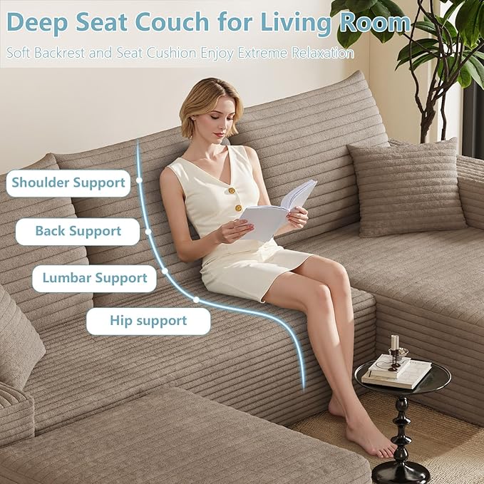 95" Cloud Sectional Couch with Ottoman,Modern U-Shaped Cloud Couch with Deep Seat,Comfy Corduroy 3-Seater Sofa,Memory Foam Sofa for Living Room,No Assembly (Camel,Right-Facing Chaise)