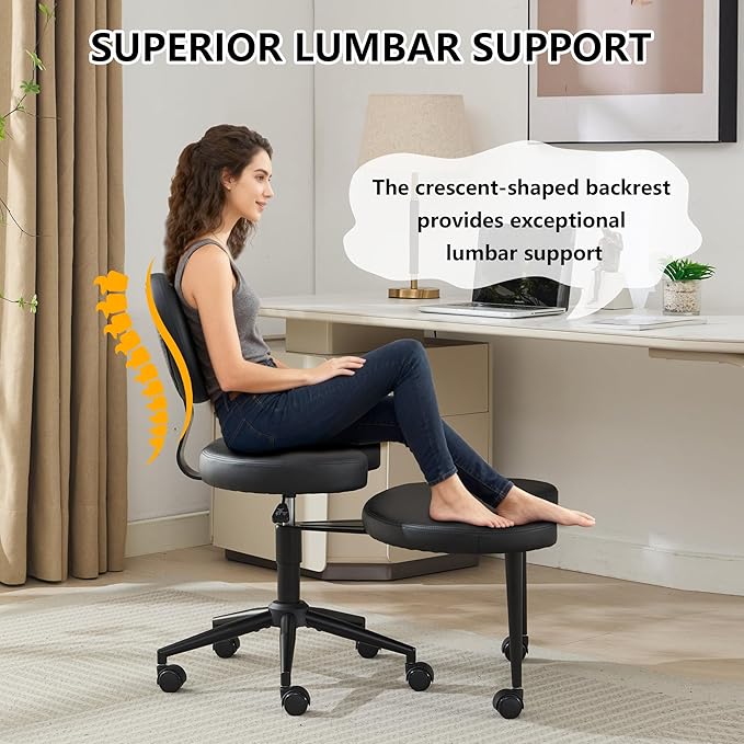 Meditation Chair with Lumbar Support,360° Swivel Cross Legged Chair with Wheels, Ergonomic Cross Legged Office Chair for Adults with ADHD, Height-Adjustable Yoga Chair, PU Leather, Ivory
