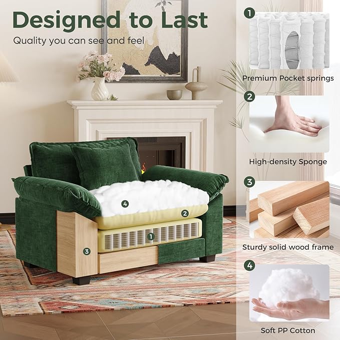 HUSFU 49.5'' W Oversized Accent Chair, Chenille Cloud Sofa Chair with Deep Seat and Extra Wide Armrests, Comfy Reading Armchair for Bedroom, Living Room, Green
