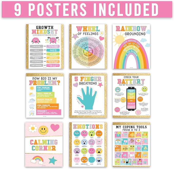Hadley Designs 9 Calming Corner Posters For Classroom Must Haves For Teachers -11x14 Calm Down Corner Supplies, Feelings Chart For Kids Ages 4-8, Feelings Wheel Poster, Varsity Letter Classroom Decor