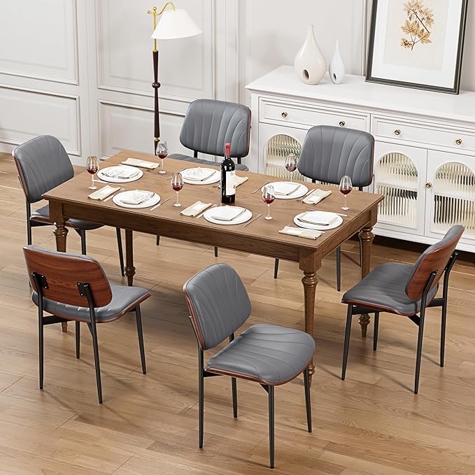 YaFiti Dining Chairs Set of 8, Dining Room and Kitchen Chairs, Mid Century Modern Accent Chair, Upholstered PU Leather Chairs for Vanity with Walnut Bentwood and Metal Legs, Gray