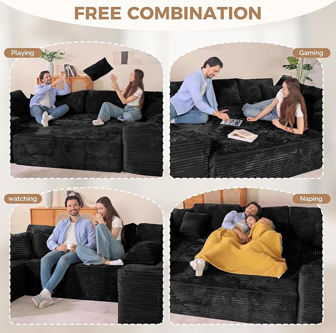 136'' Large Sectional Cloud Couches with Chaise, U Shaped Boneless Loveseat Sofa, No Assembly Required Deep Seat Modular Lounge for Living Room 3PCS Set, Bedroom(Black)