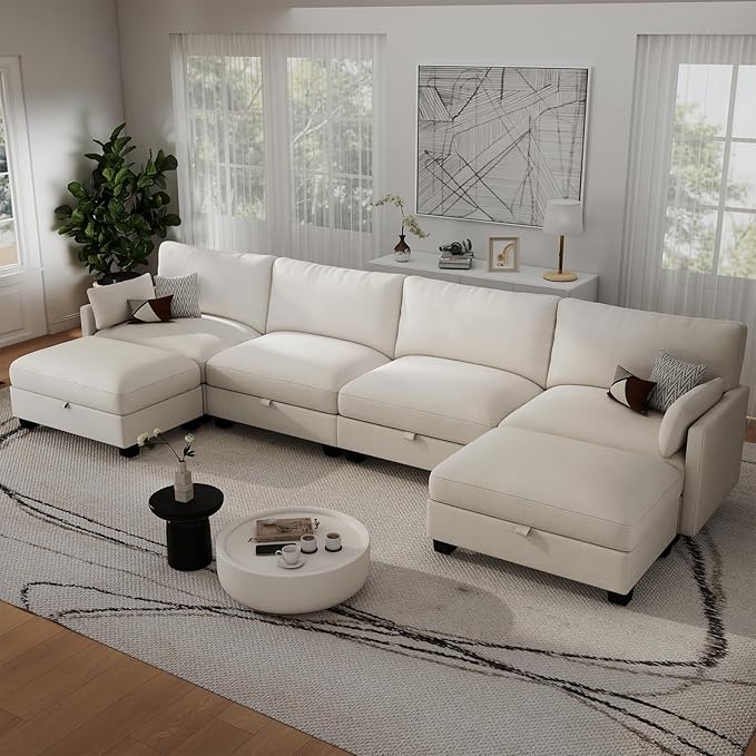 Modular Sectional U Shaped Sofa Couches for Living Room, Cloud Couch with Storage Ottoman, Comfy Chenille Sofa with Pillow, Beige