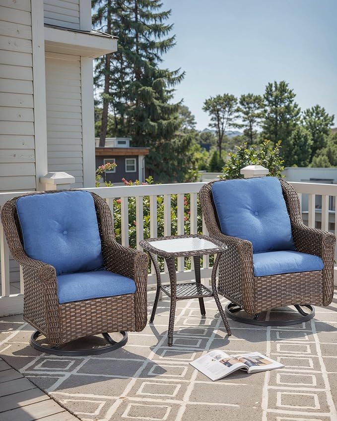 ACTREST Patio Chairs Outdoor Swivel Glider - Set of 2 High Back Outside Brown Wicker Rattan Rocking Chair with Thick Cushion for Porch Apartment Deck Yard Poolside Garden - Navy Blue