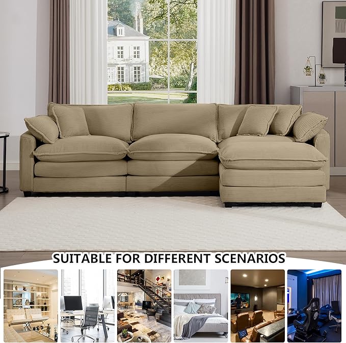 Aoowow Corduroy 3 Seater Cloud Couch with Ottoman,Modern Cloud Couches for Living Room,Modular Sectional Cloud Sofas with Deep Seat,Oversized Tufted L-Shaped Sofa Set (Tan, 3 Seater + 1 Ottoman)