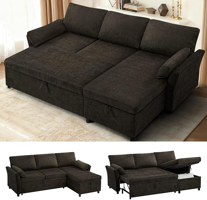 ACMEASE 83 Inches Fabric Sectional Sofa with Pull Out Sofa Bed, Modern L Shaped Sofa with Throw Pillows, Comfortable Sleeper Couch with Storage Chaise for Living Room, Brown