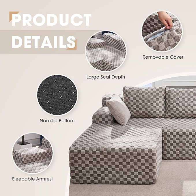 Modular Sectional Sofa Couches L-Shape Couch 3 Seat Modular Sofa Memory Foam Sectional Couches for Living Room, Cloud Couch with Oversized Chaise (Grey Check, 96" Left Facing Chaise)