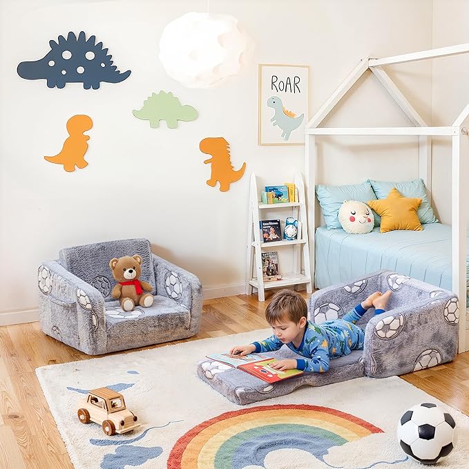 Lamerge 2-in-1 Soft Toddler Couch Fold Out,Foldable Toddler Chair, Glow in The Dark Kids Sofa for playroom,Convertible Foam and Floor Cushion for Boys and Girls (Grey and Football)