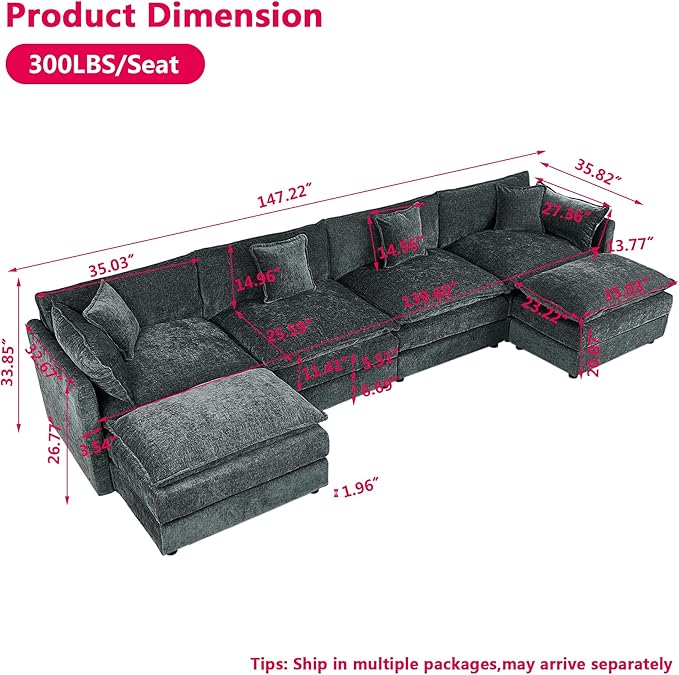 Aoowow Modular Sectional Sofa Modern Convertible U Shaped Couch,147.2 Inch Deep 4-Seater Sofas Set Comfy Chenille Cloud Sofas and Couches with Movable Ottoman for Living Room Apartment（Grey）